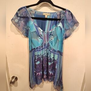 Live & Let Live Women's Embellished Colorful Babydoll Top Sz MP Y2K Party Casual